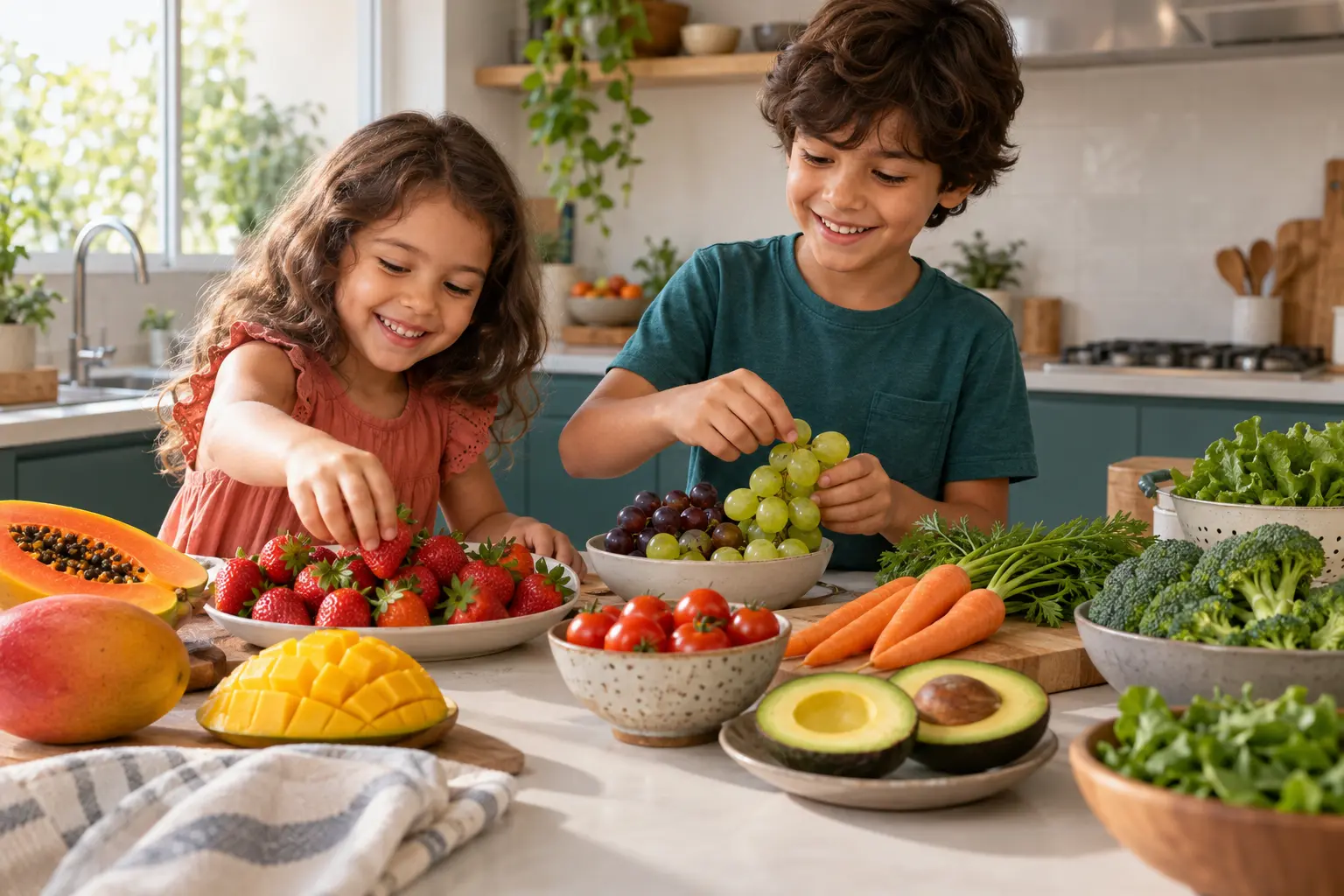 Crianças conhecendo frutas, verduras e alimentos de diferentes cores