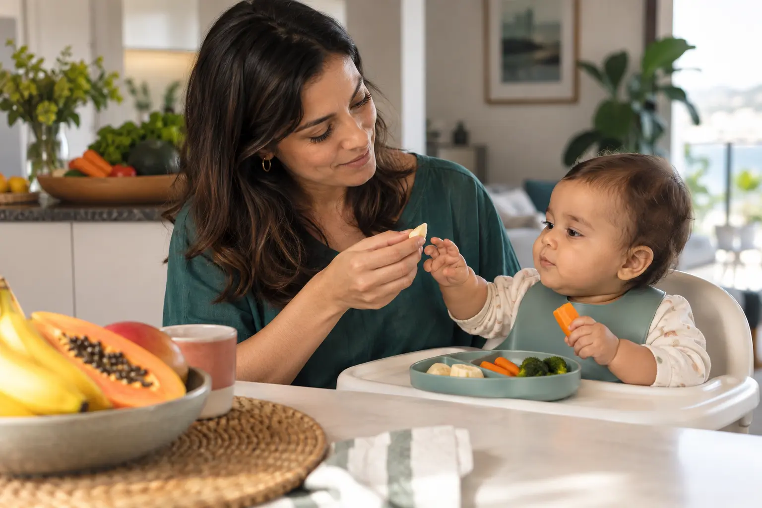 Mãe acompanhando o bebê durante a introdução alimentar